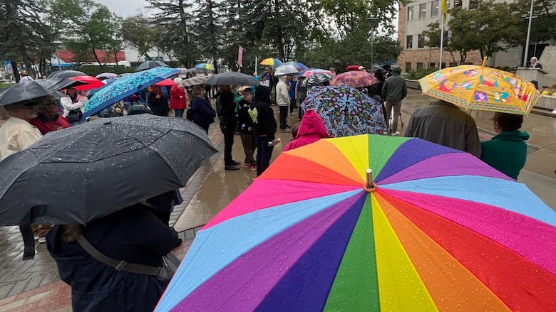 A crowd of people standing in a civic square listening to someone speak.