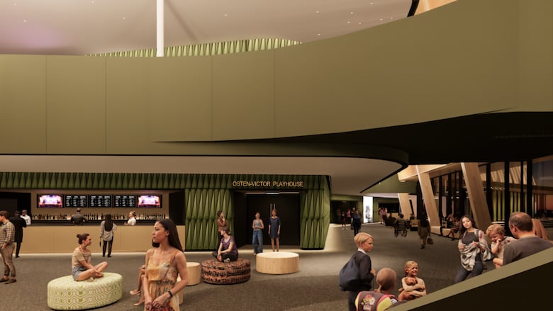An artist rendering of the lobby of a theatre. The signage says "Osten-Victor Playhouse."