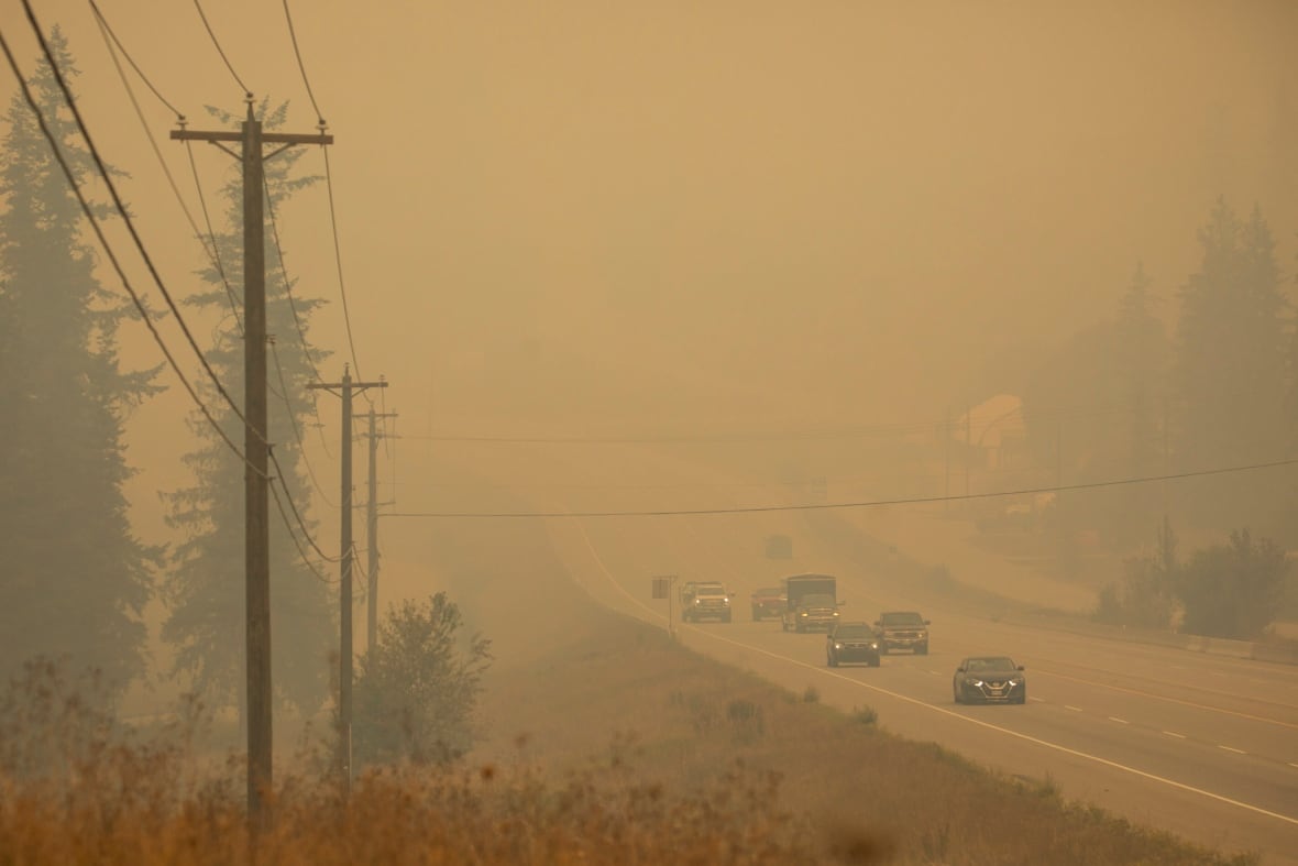 Cars drive through wildfire smoke.