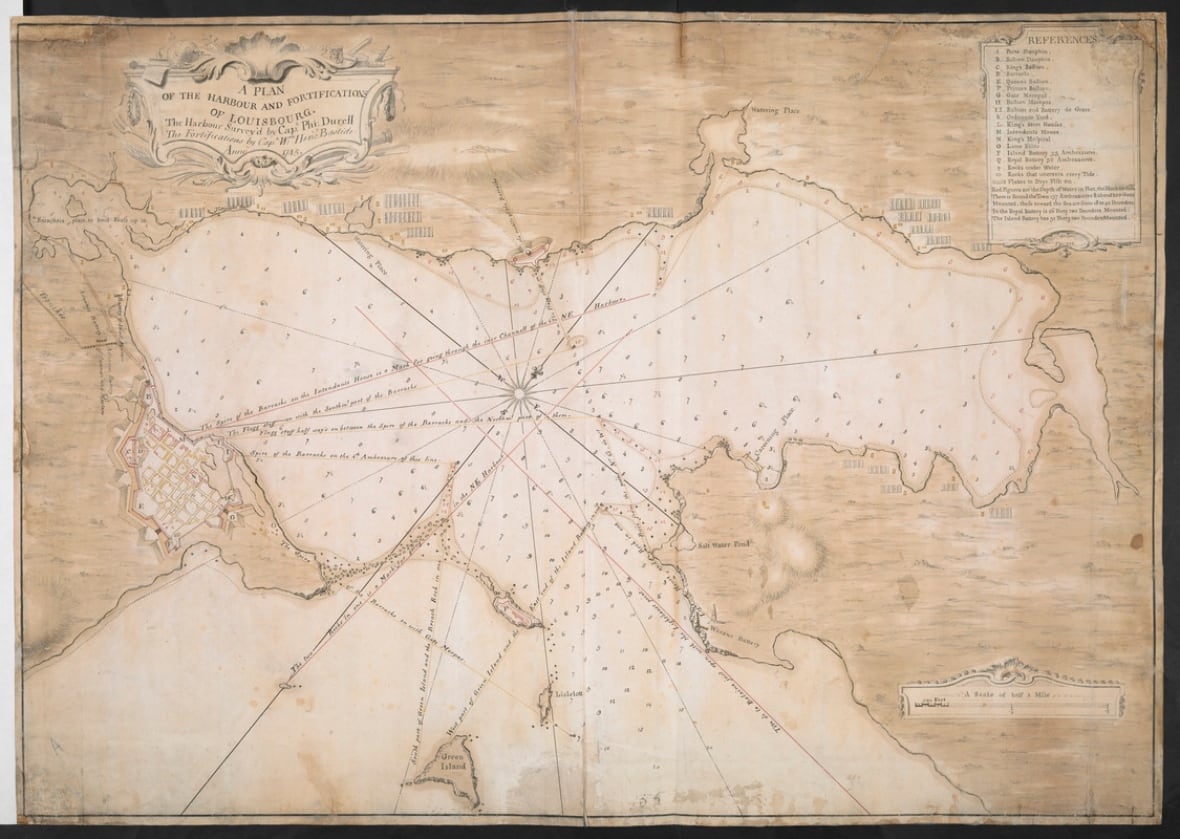 A map of the port of Louisbourg and fortifications in 1745.
