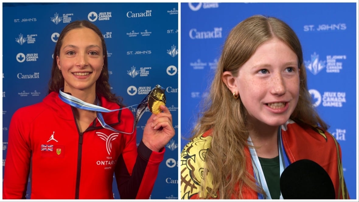 Two girls speak with the media in front of a blue wall. One holds out a gold medal.