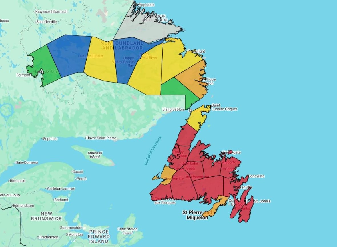 A map of an island mostly red.