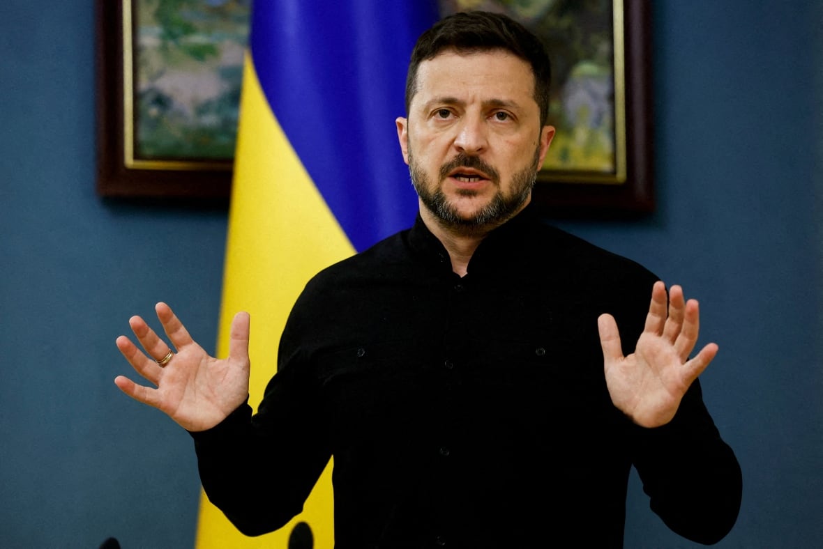 Ukraine President Volodimir Zelinski speaks during a press conference following phone calls with US President Donald Trump, amid Russia's attack on Ukraine, in Kiev, Ukraine, May 19, 2025.