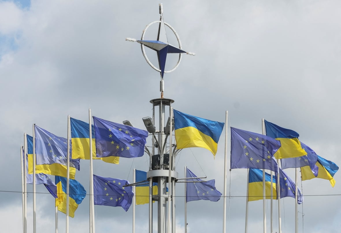 Ukrainian and European flags fly, amid Russia's attack on Ukraine, in central Kiev, Ukraine, August 11, 2025. 