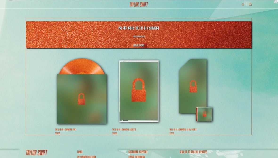Una captura de pantalla del sitio web de Taylor Swift muestra enlaces de compra de vinilos, casetes y carteles de su nuevo álbum.