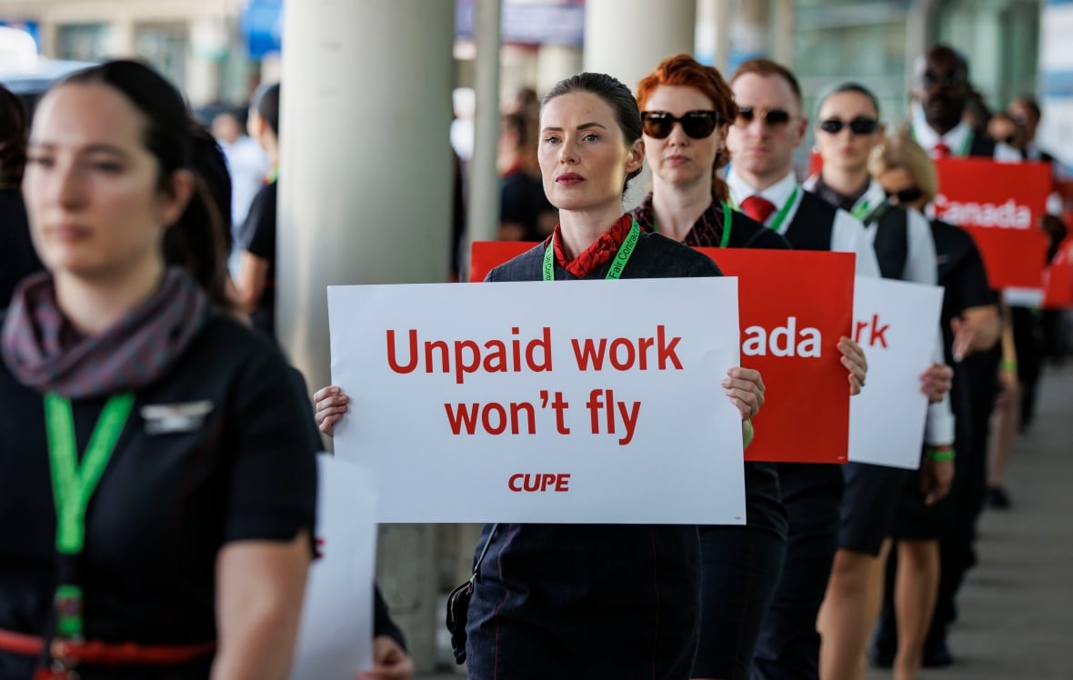 Flight attendants are shown standing in a line holding signs, including one that reads 'Unpaid work won't fly.'