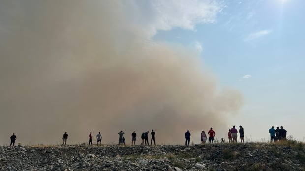 A line of people stand on a hill watching smoke rise beyond it.