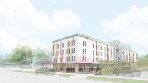 A rendering of a multi-storey apartment building with a white exterior.