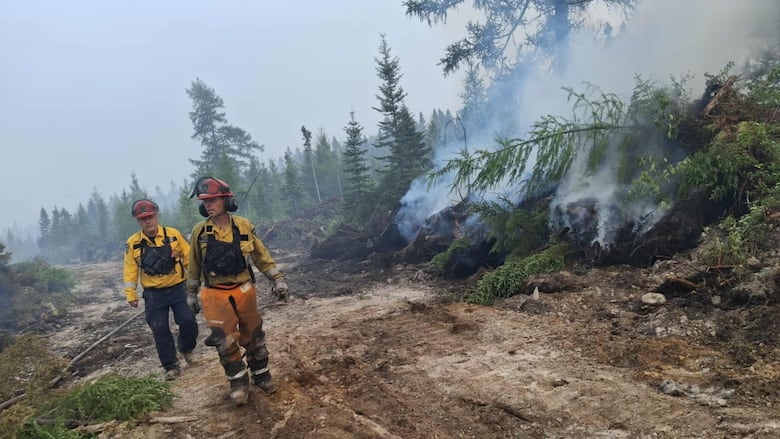 two firefighters in a wildfire.