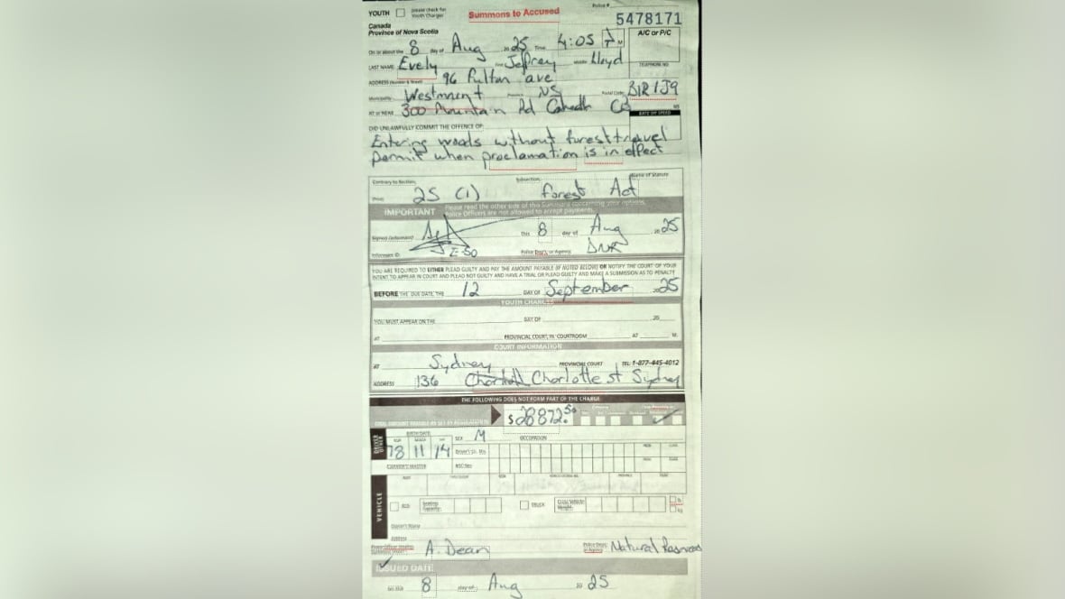 A summary offence ticket for violating a ban on entering the woods.