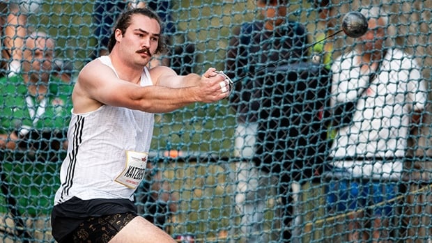 Canadian hammer thrower Ethan Katzberg is pictured competing in the men’s final at the Canadian Track and Field Championships in Ottawa on August 2, 2025.