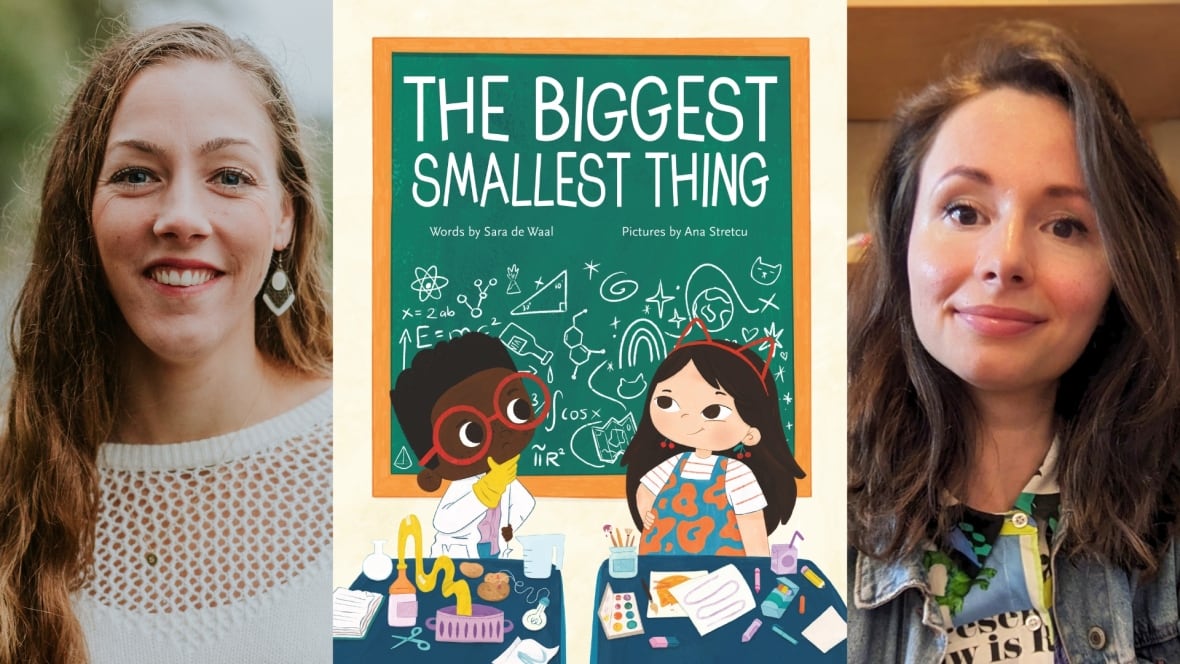 Front cover of the picture book The Biggest Smallest Thing by Sara de Waal, illustrated by Ana Stretcu, showing two children at their desks at school in front of a chalkboard. The book's creators are also pictured.