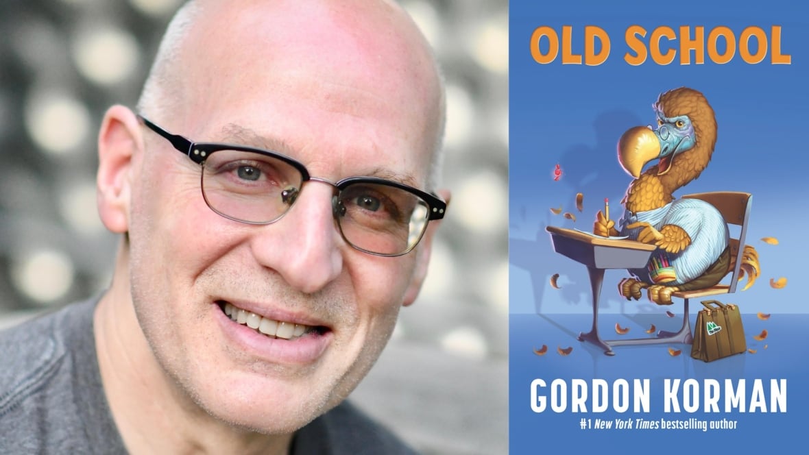 The front cover of middle-grade novel Old School by Gordon Korman, showing a large bird sitting at a school desk. The book's author is also pictured.