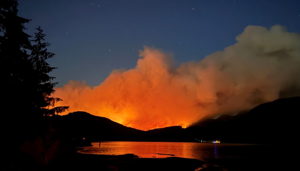 A wildfire emits thick orange smoke above a lake at night.