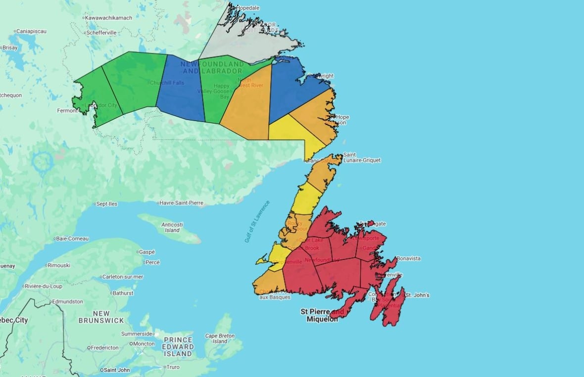 A map of an island mostly coloured red.