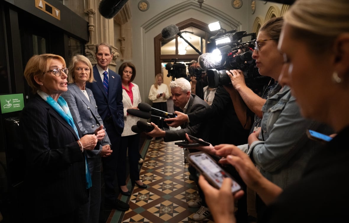 American Senator Lisa Morakovsky, the second from the left, and the Senator Ron Wayden and Sennour Catherine Cortez Masto listened to Senator Maggie Hassan, where she was talking to the media in the wake of a meeting with the Prime Minister in Parliament Hill in Ottawa, on Monday, July 21, 2025.