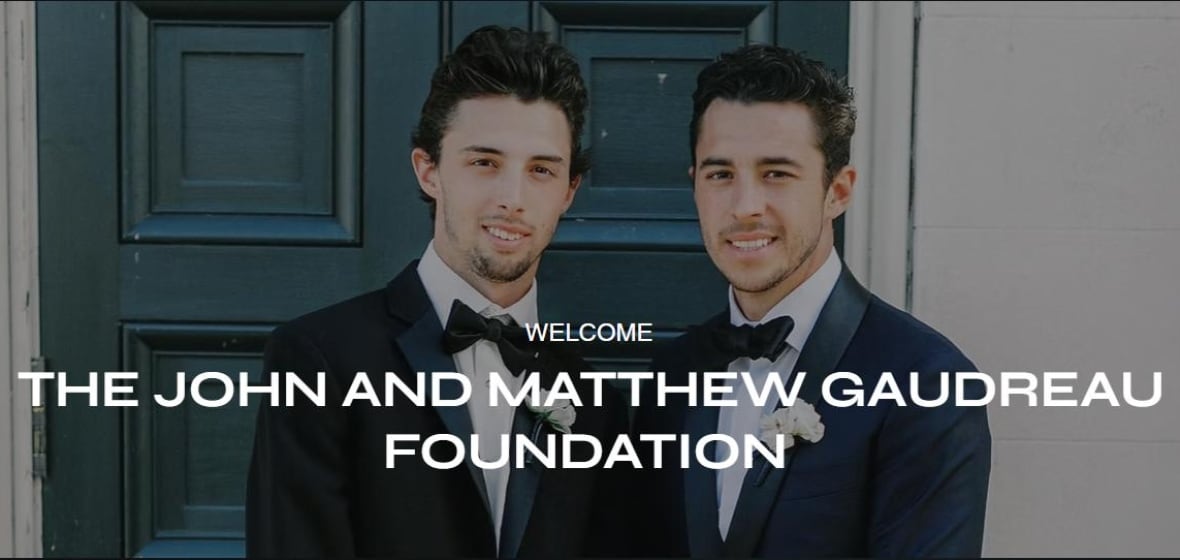 Image shows two men wearing suits standing in front of a door, with the text The John and Matthew Gaudreau Foundation