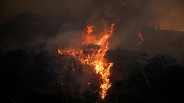 A view of a wildfire burning in Patras, Greece.