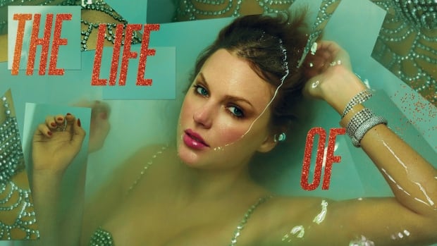 A woman in a sparkly top lays in water with the words The Life of a Showgirl in orange.