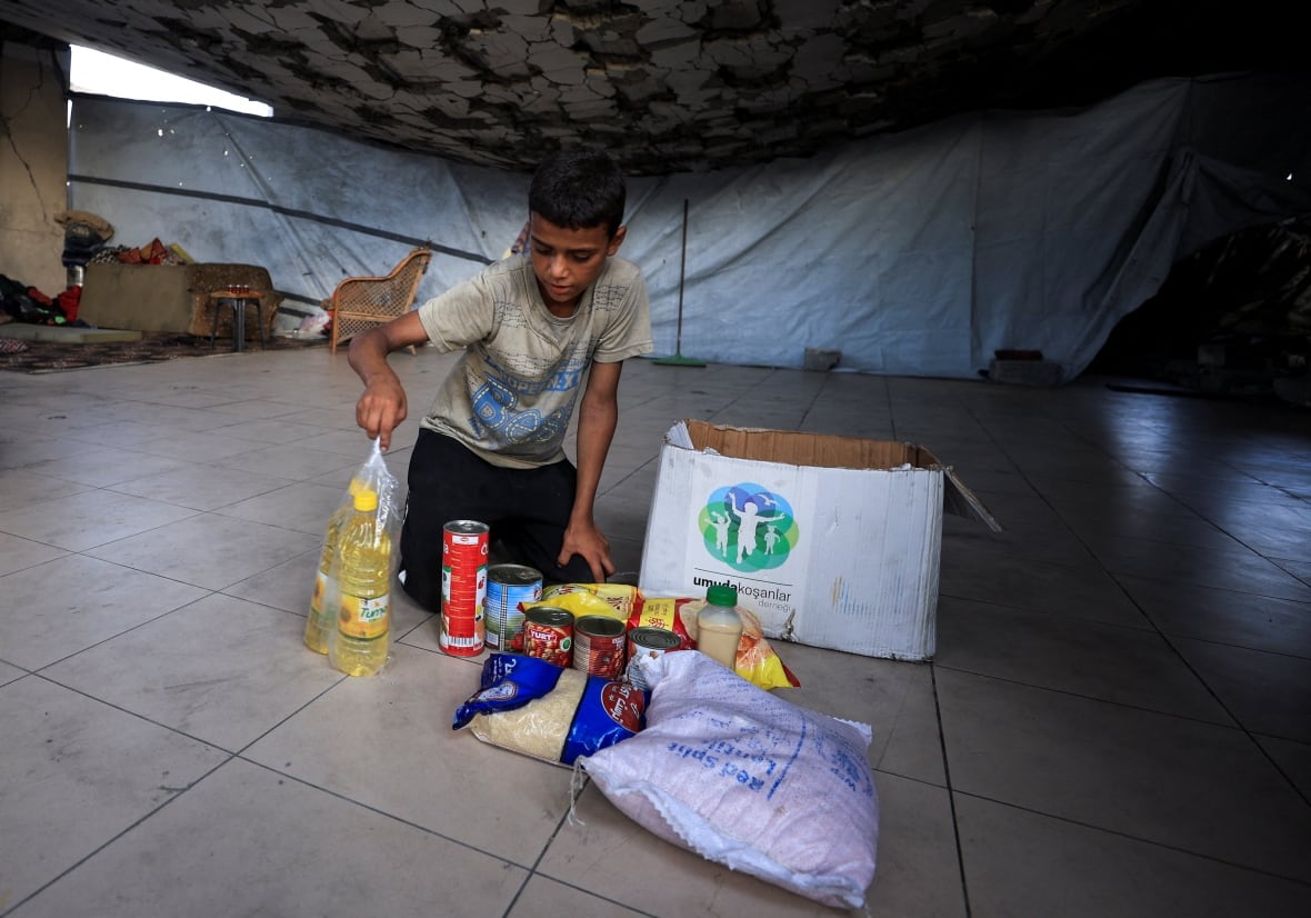 A boy appears a set of food supplies.