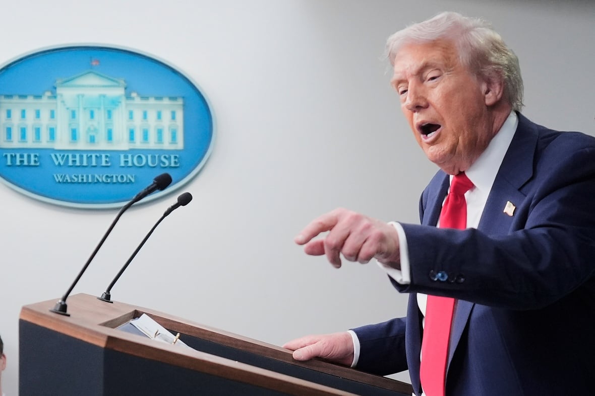 President Donald Trump speaks with correspondents in the journalistic briefing room James Brady at the White House, on Monday, August 11, 2025, in Washington.