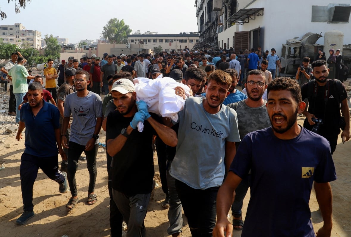 Funeral of Palestinians killed in Israeli fire while seeking aid on Wednesday, in Gaza City