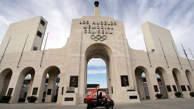 In a January 13, 2016 photo, the peristyle of the Los Angeles Memorial Coliseum is shown. 