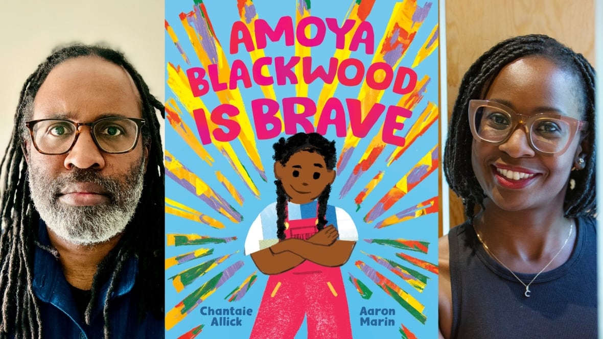 The front cover of the picture book Amoya Blackwood Is Brave by Chantaie Allick, illustrated by Aaron Marin, showing a young Black girl wearing pink overalls smiling and crossing her arms. The book's creators are also pictured.
