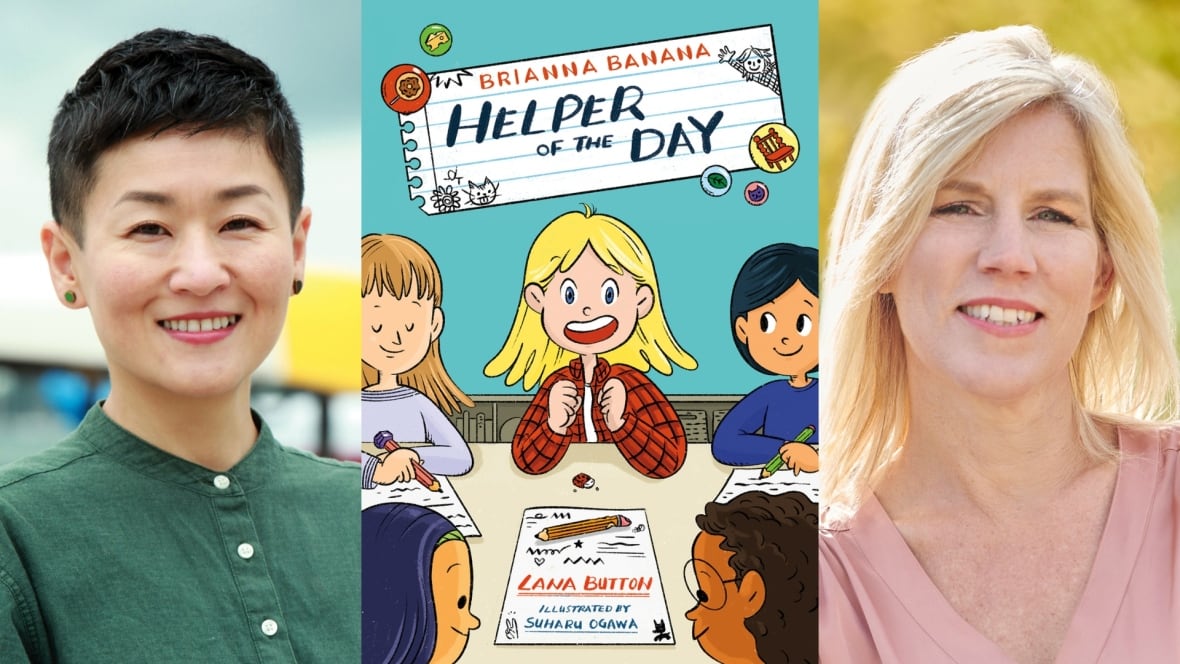 Front cover of the book Brianna Banana, Helper of the Day by Lana Button, illustrated by Suharu Ogawa, showing a young girl sitting at a desk at school with other children around her. The book's creators are also pictured.
