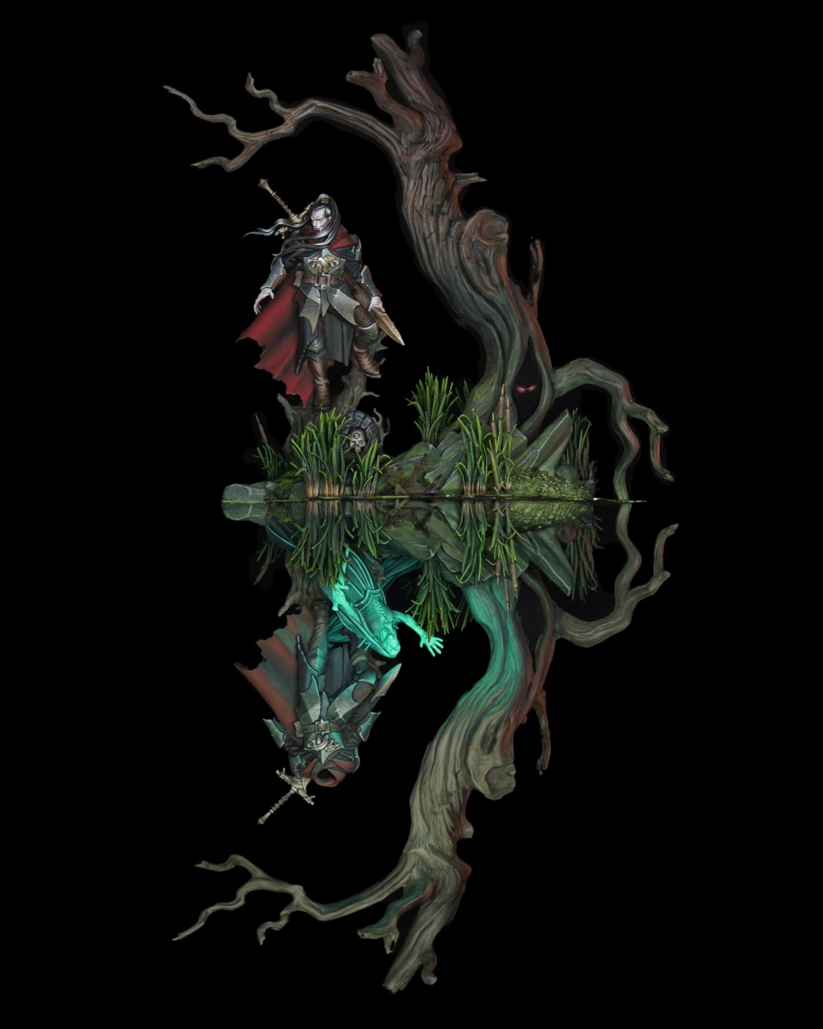 A miniature diorama of a knight standing by a pool, with a wraith-like figure reflected in the pool 