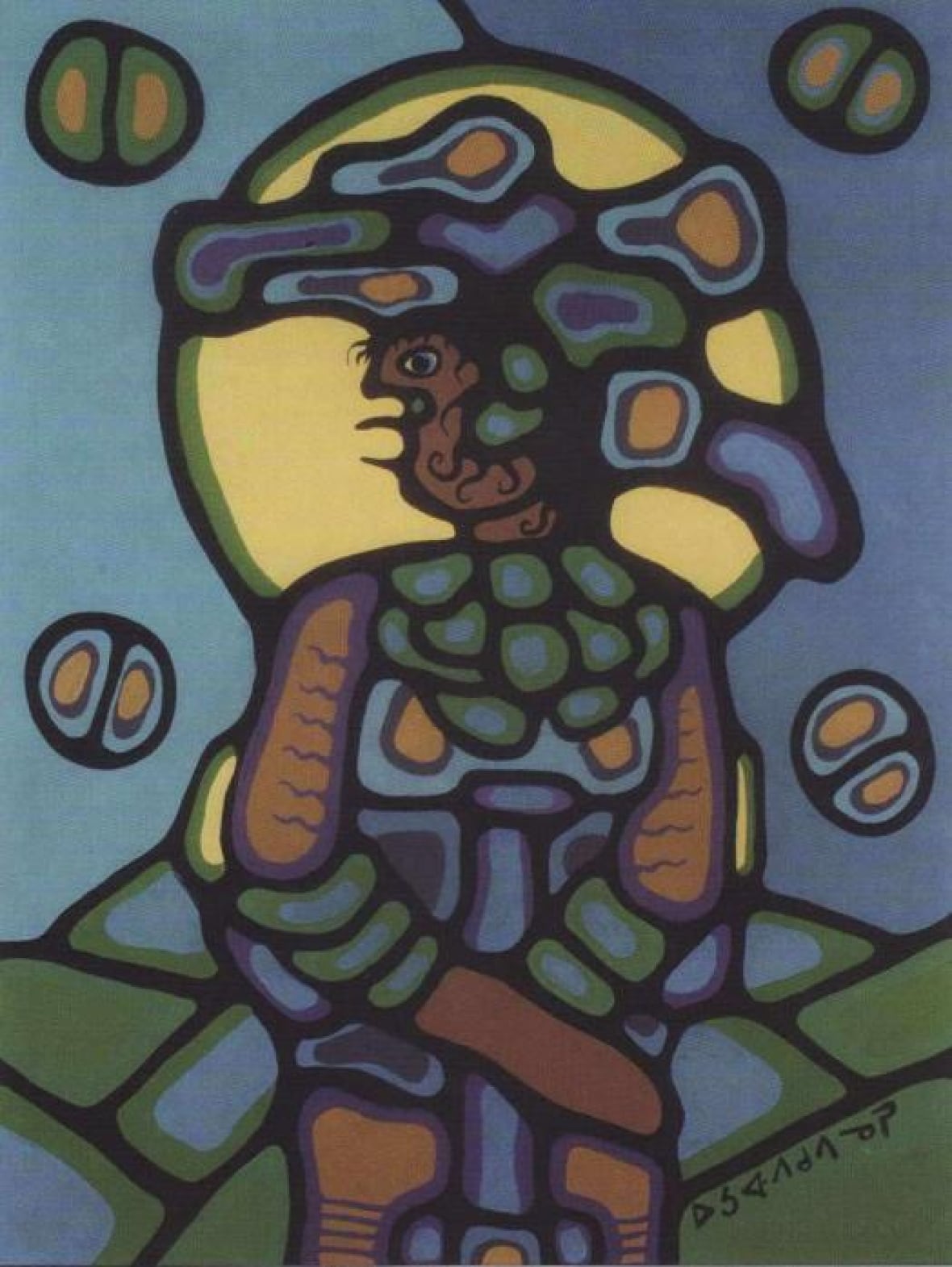A woodlands art painting with a man who has something on his head.