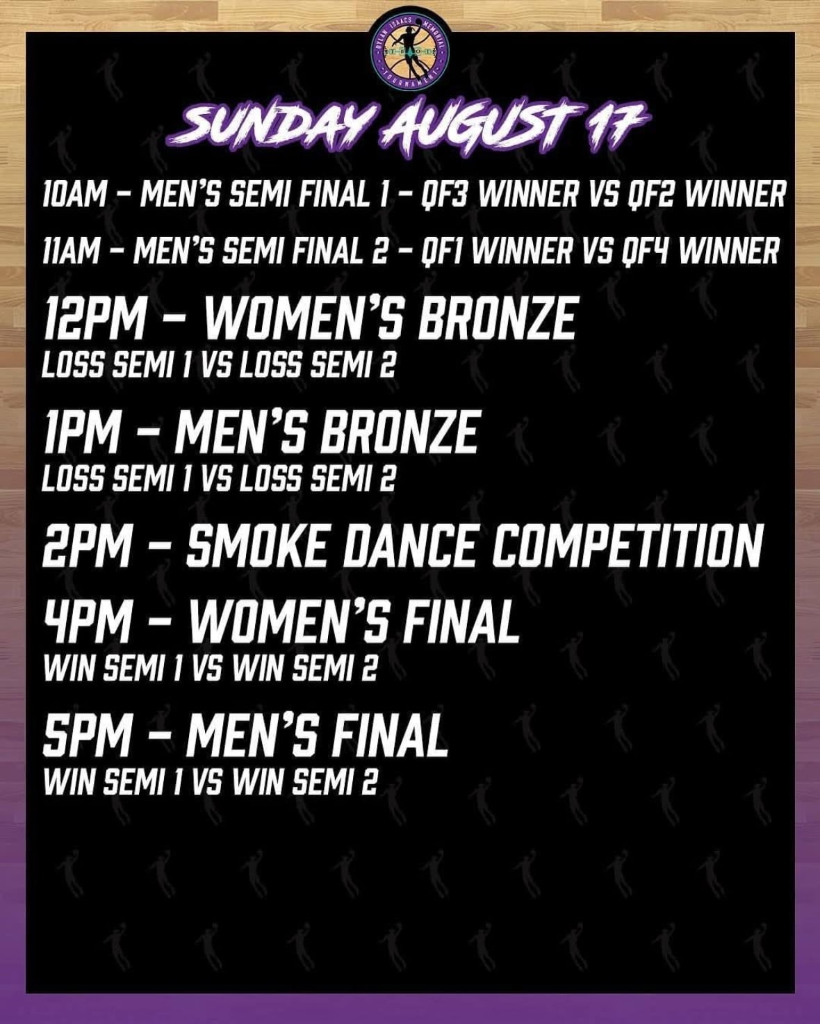An schedule for the finals of a tournament. The listing includes a women's bronze at 12 p.m., men's bronze at 1 p.m., smoke dance competition at 2 p.m., women final at 4 p.m. and men's finals at 5 p.m.