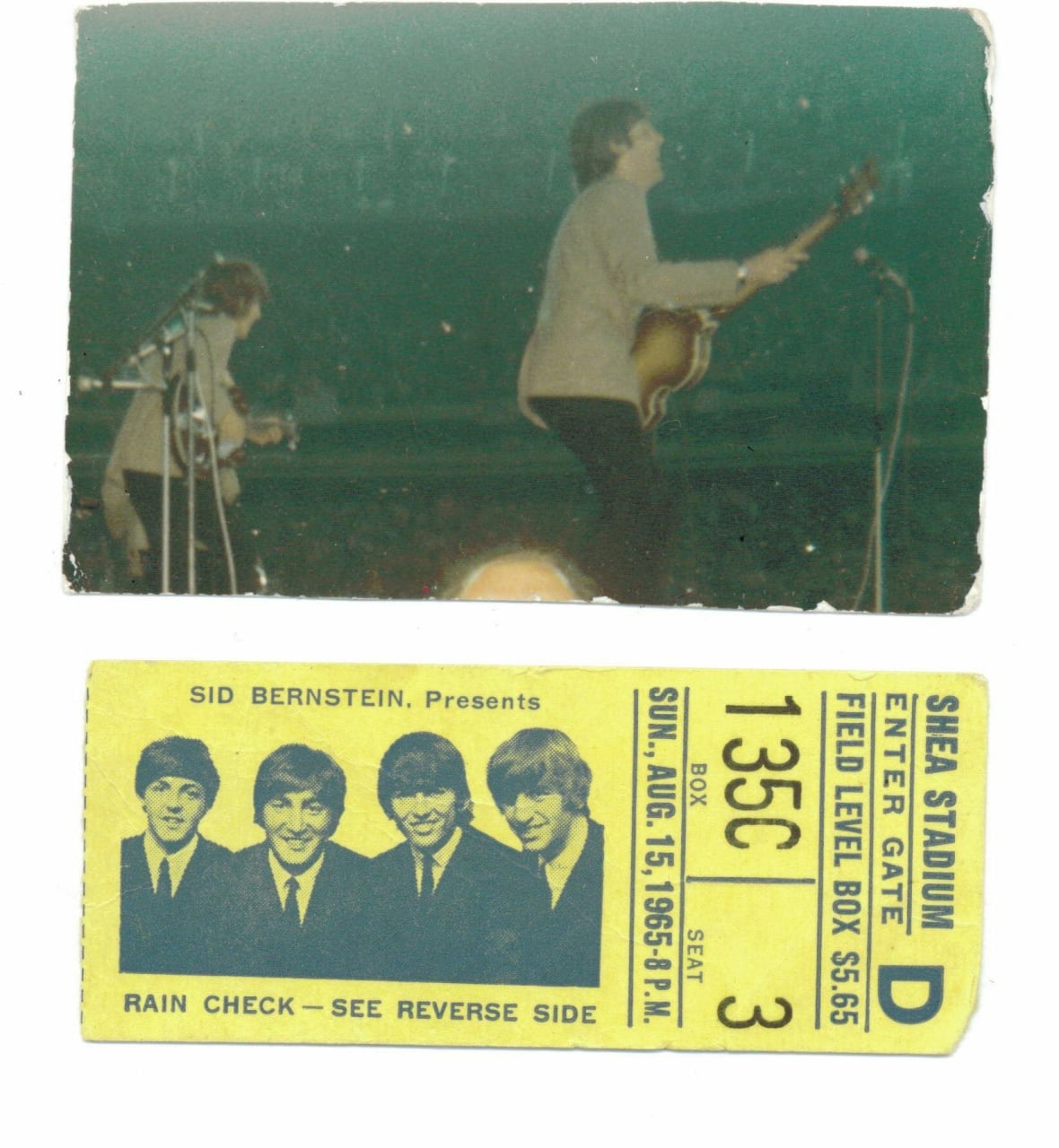A photocopy of a photo taken of The Beatles performing at Shea Stadium on the top and on the bottom is a ticket from the iconic August 15, 1965 show.