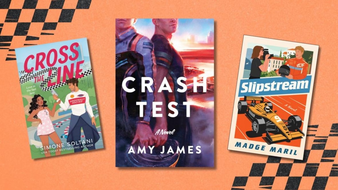 a composite of three illustrated book covers of Formula One romance books.
