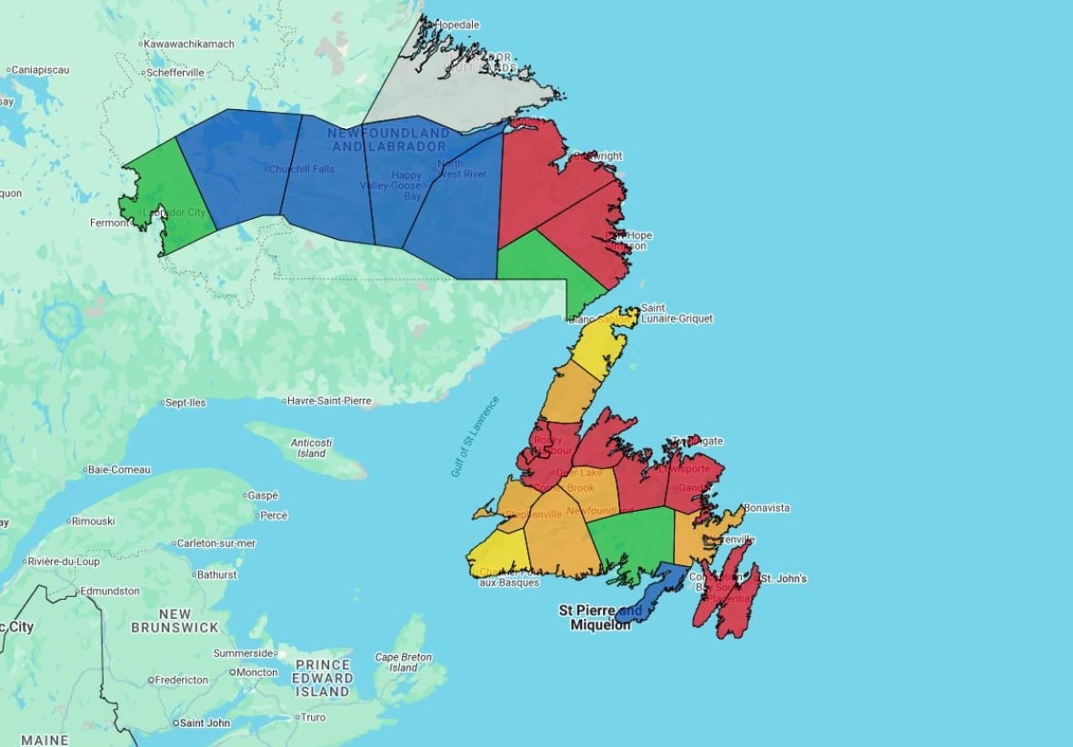 Map of island, coloured in red, orange, green, yellow and blue.