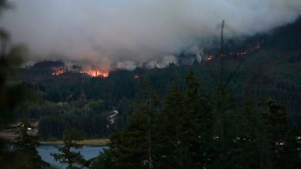 The Mount Underwood wildfire near Port Alberni, B.C., is seen at night from Canal Main Forestry Road, across the Alberni Inlet from the fire, on Aug. 13, 2025. A fire burns among trees on a hill