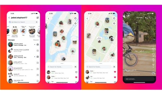 Four images from a cellphone on a pink and purple gradient background display maps with lists, icons or videos showing a user's location.  