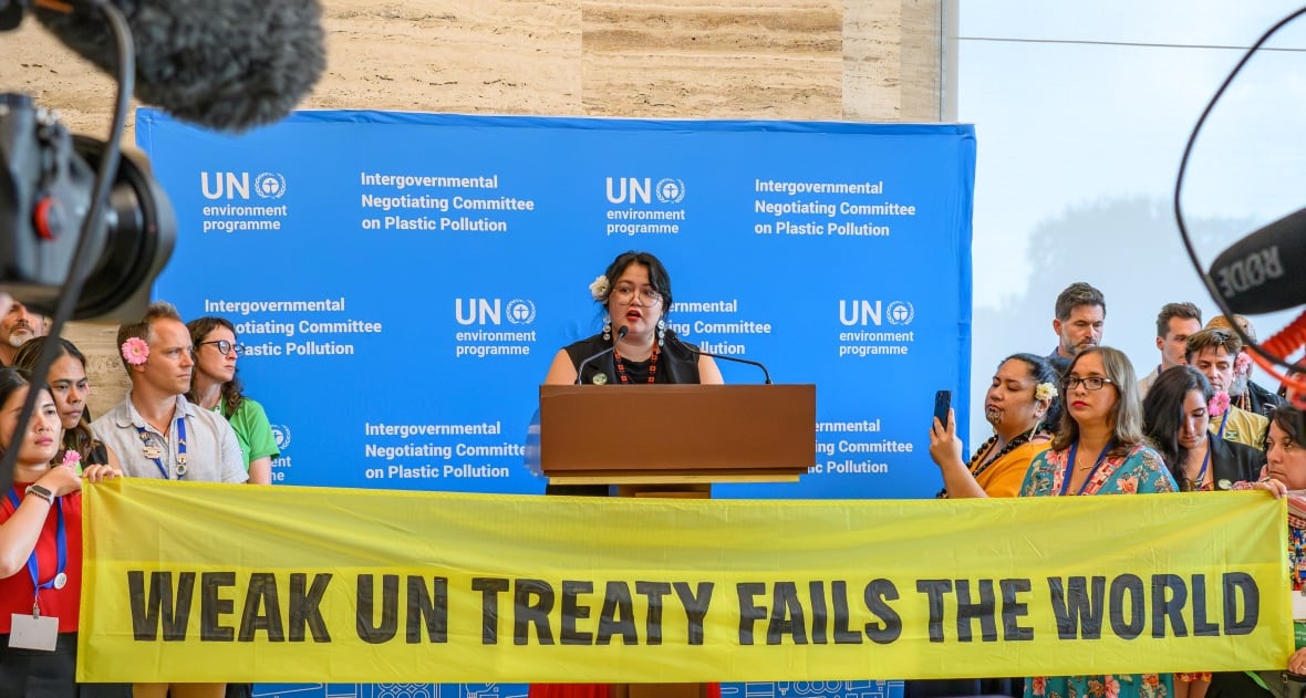 Samantha Jack is from Nu-NALTH and Yale First Nations talking at a press conference on behalf of the International Original Peoples Forum on Plastic.