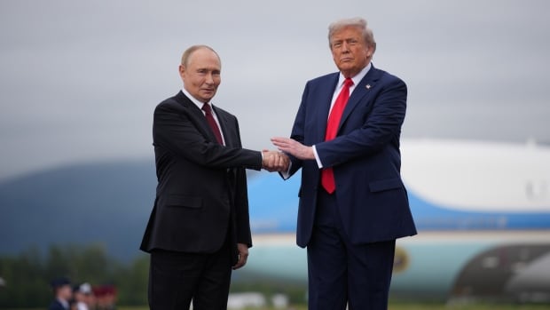 U.S. President Donald Trump greets Russian President Vladimir Putin as he arrives at Joint Base Elmendorf-Richardson on August 15, 2025 in Anchorage, Alaska. U.S. President Donald Trump greets Russian President Vladimir Putin as he arrives at Joint Base Elmendorf-Richardson on August 15, 2025 in Anchorage, Alaska.