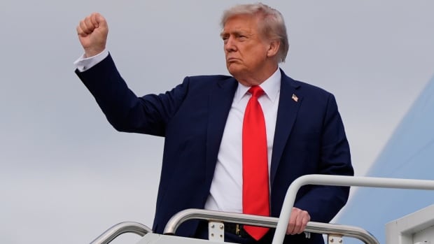 A grey-haired men wearing a dark suit and a red tie raises a fist as he boards an airplane.