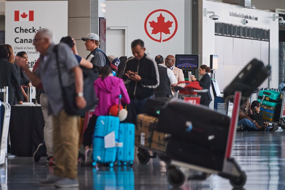 People with luggage line up at an airport.