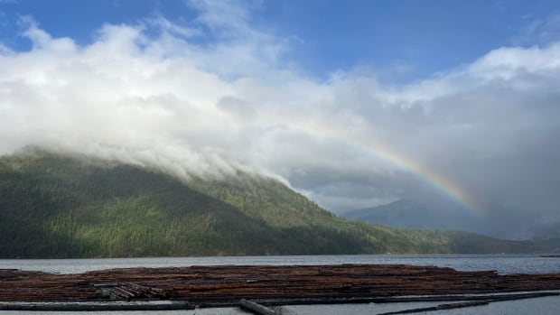 A rainbow over the inlet in Port Alberni, B.C. is seen on Friday, Aug. 15, 2025. Smoke from the Mount Underwood wildfire nearby had mostly cleared after a full day of rain. A rainbow over the water and mountains, with logs in the inlet.