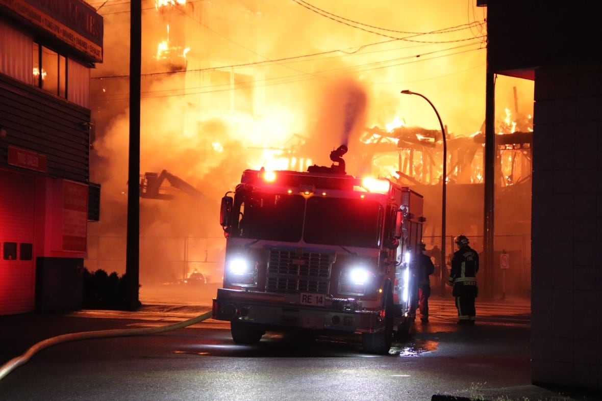 Construction site fire in Langley B C shuts nearby roads CBC News