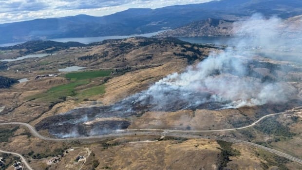 The Boltres Creek wildfire burns out of control Sunday, Aug. 17, 2025, near Vernon, B.C. A wildfire burns near a highway