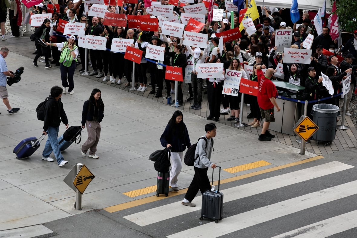 Travellers rolling their luggage across a street at the airport, passing a bunch of flight attendants who are picketing.