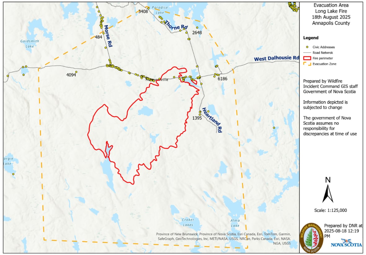 A map shows the current perimeter of the Long Lake wildfire, including where homes have been evacuated, as of 12:19 p.m. Monday.