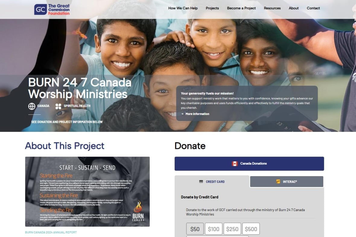 Ein Standbild einer Website mit der Aufschrift „Burn 24 7 Canada Worship Ministries“ und den Unterabschnitten „