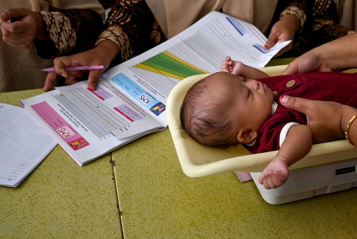 A baby is weighed before receiving a vaccination during a national immunization for children program at an integrated services post in Banda Aceh on June 9, 2022. 