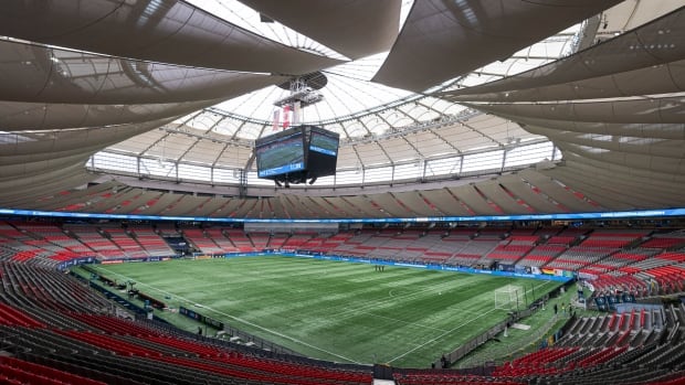 Wide view of soccer field stadium.