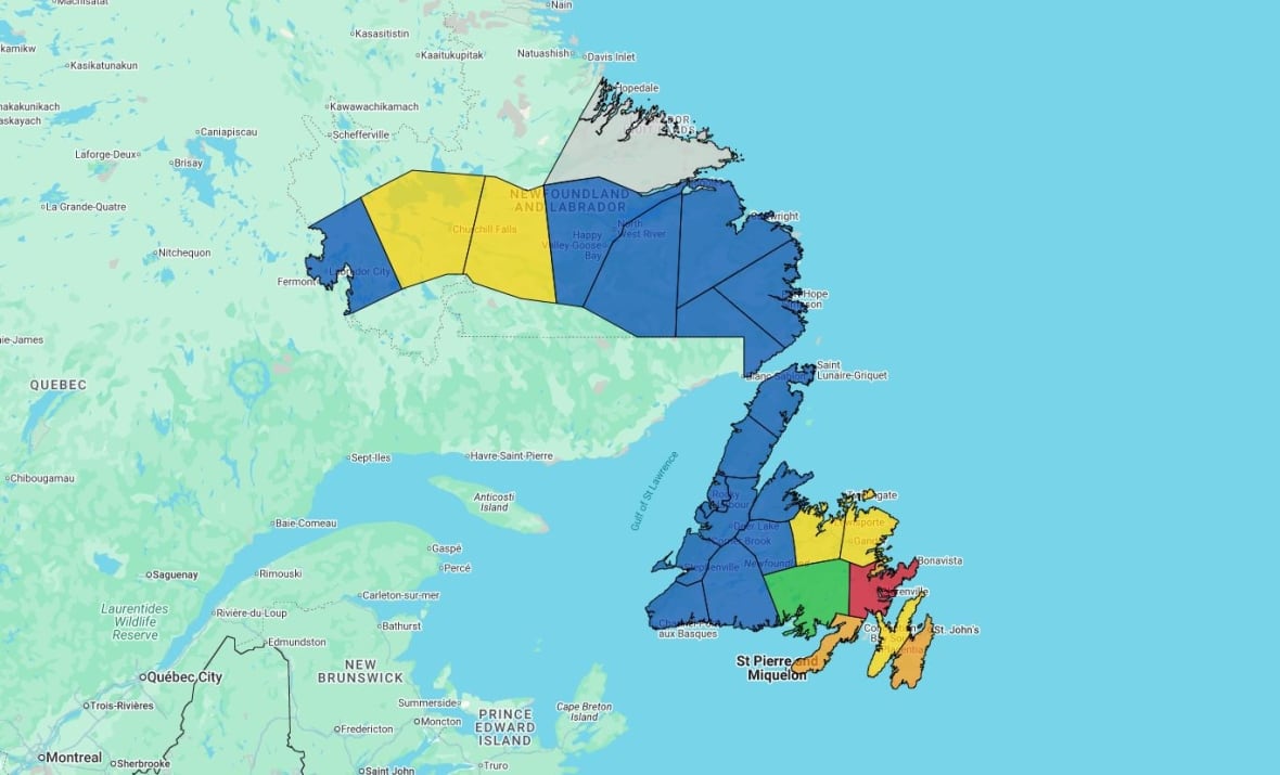 A map that is coloured blue, yellow, orange and a bit of red.